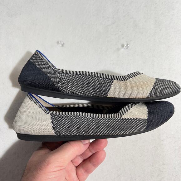 Rothy's Captoe Comfort Ballet Flats W8.5 Black White Plaid Check NO INSOLES - Picture 2 of 8